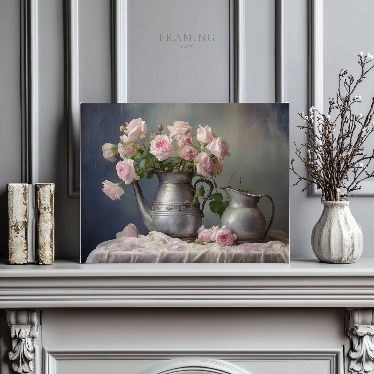 “Blush & Pewter” – Romantic Rose Still Life Canvas Print