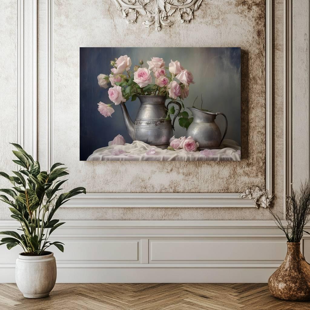 “Blush & Pewter” – Romantic Rose Still Life Canvas Print