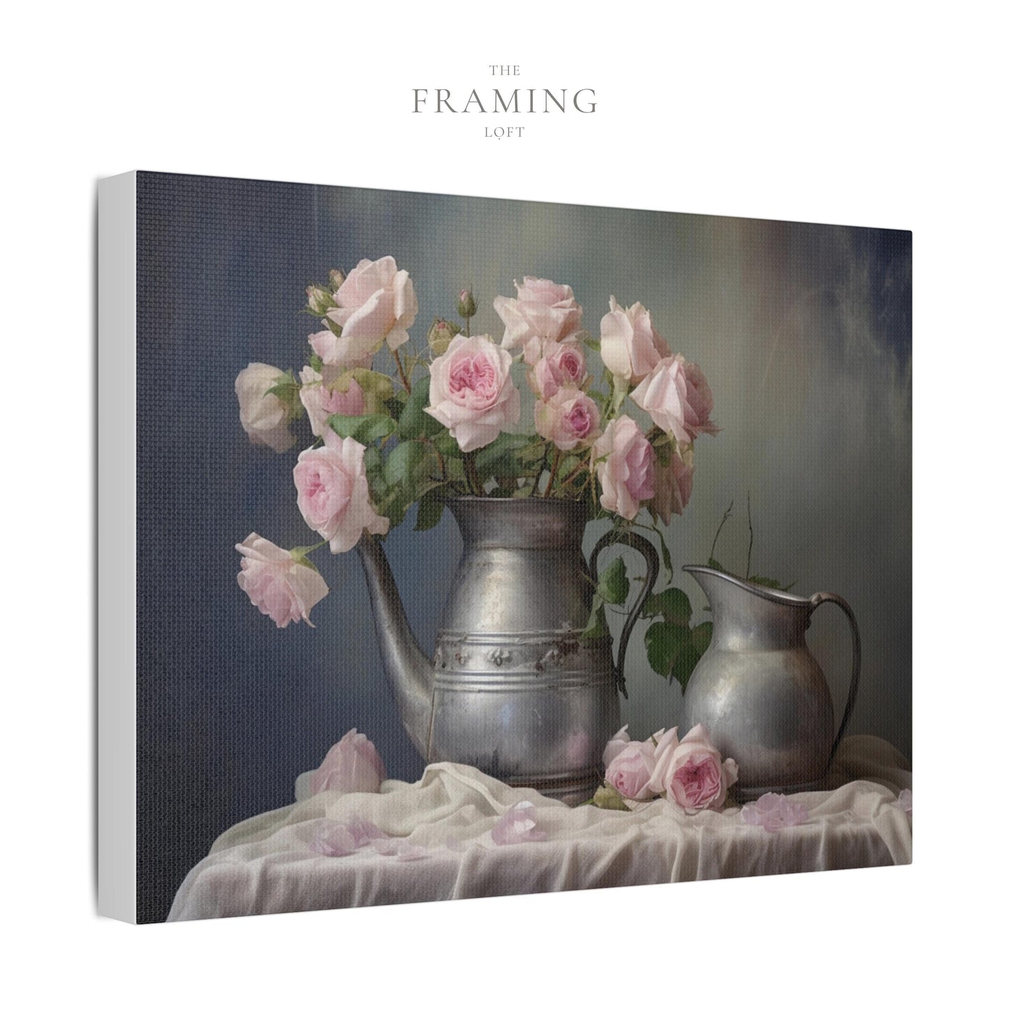 “Blush & Pewter” – Romantic Rose Still Life Canvas Print
