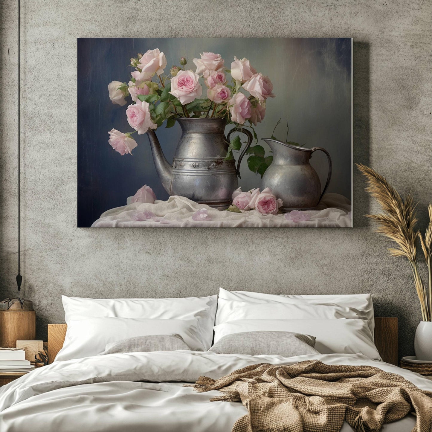“Blush & Pewter” – Romantic Rose Still Life Canvas Print