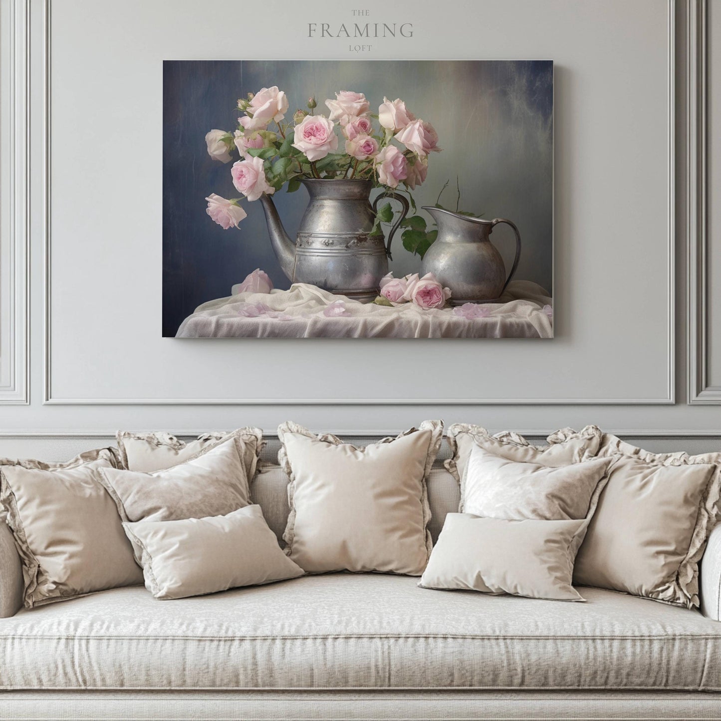 “Blush & Pewter” – Romantic Rose Still Life Canvas Print