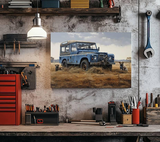 “Field Patrol” – Vintage Land Rover & Dogs Canvas Print