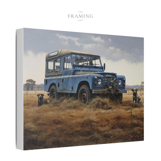 “Field Patrol” – Vintage Land Rover & Dogs Canvas Print