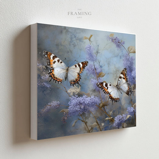 "Butterfly Dance on Lilac Blooms" – Satin Canvas Wall Art