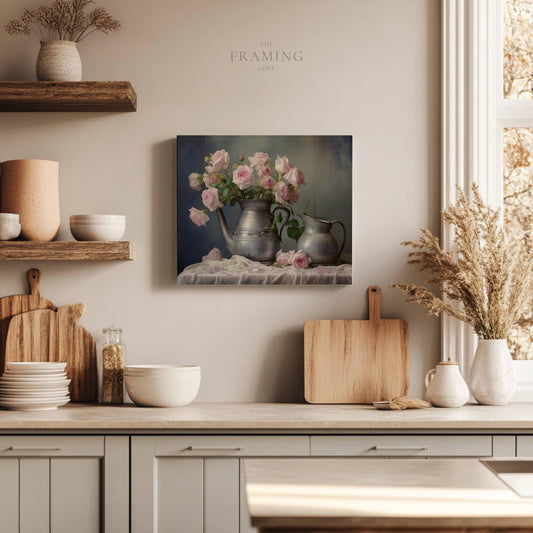 “Blush & Pewter” – Romantic Rose Still Life Canvas Print