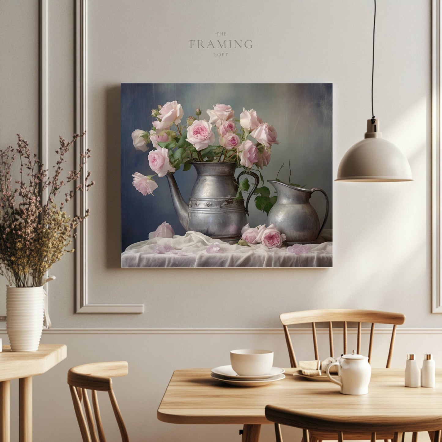 “Blush & Pewter” – Romantic Rose Still Life Canvas Print